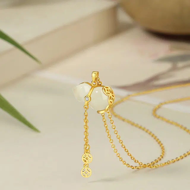 老庙 福禄葫芦 流苏钱币 纳福转运礼盒好运 精致新中式清冷感高级设计森系百搭显贵气质 可调节锁骨链 玉髓 项链 女款