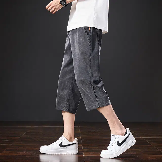 协协乐 莱赛尔天丝夏季冰丝薄款凉感透气高街美式潮牌宽松做旧复古水洗直筒休闲七分中裤牛仔短裤 男款