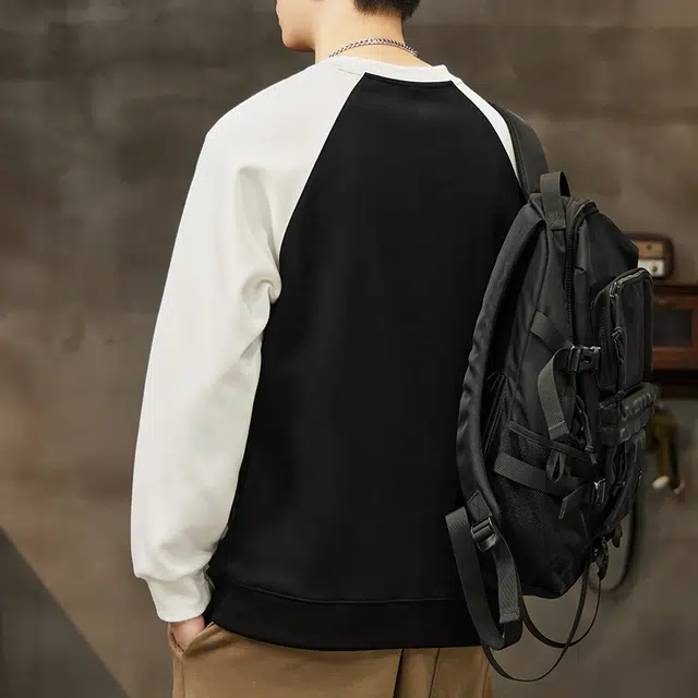 协协乐 圆领长袖男士春秋季宽松套头打底衫拼接拼色设计感上衣早秋小众设计款卫衣 男款