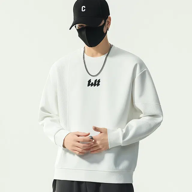 协协乐 圆领长袖男士春秋季宽松套头拼接设计感打底衫刺绣字母上衣早秋小众设计款卫衣 男款