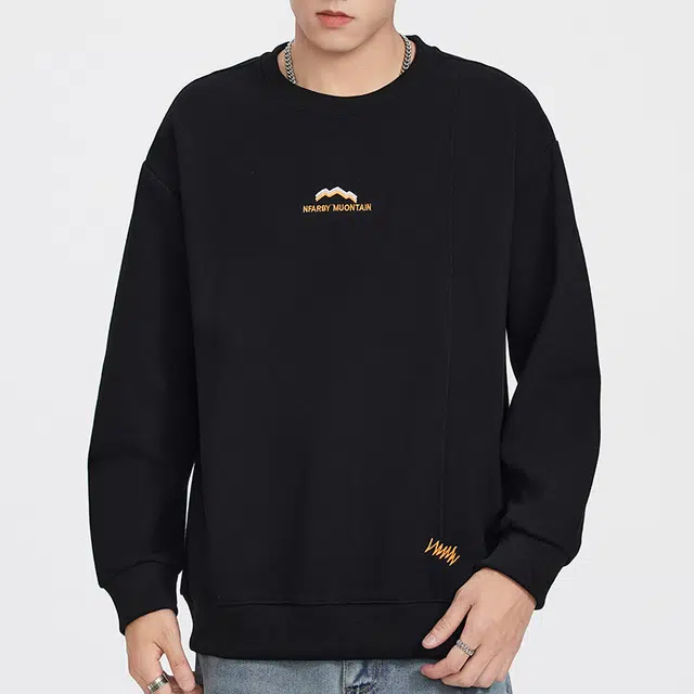 协协乐 美式潮牌秋冬季纯色圆领套头时尚刺绣重磅秋季休闲打底衫长袖上衣小众设计款卫衣 男款