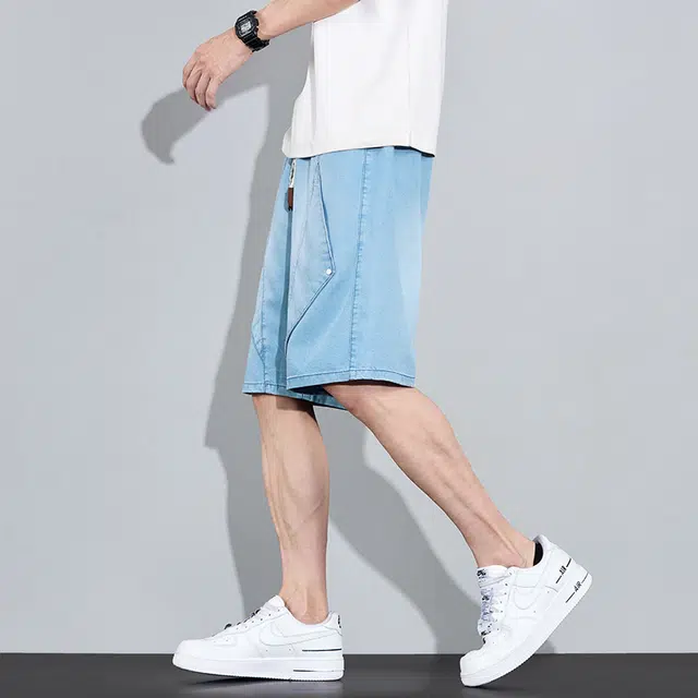 协协乐 高街风莱赛尔天丝凉感透气男士夏季薄款美式潮牌宽松百搭痞帅直筒五分中裤牛仔短裤 男款