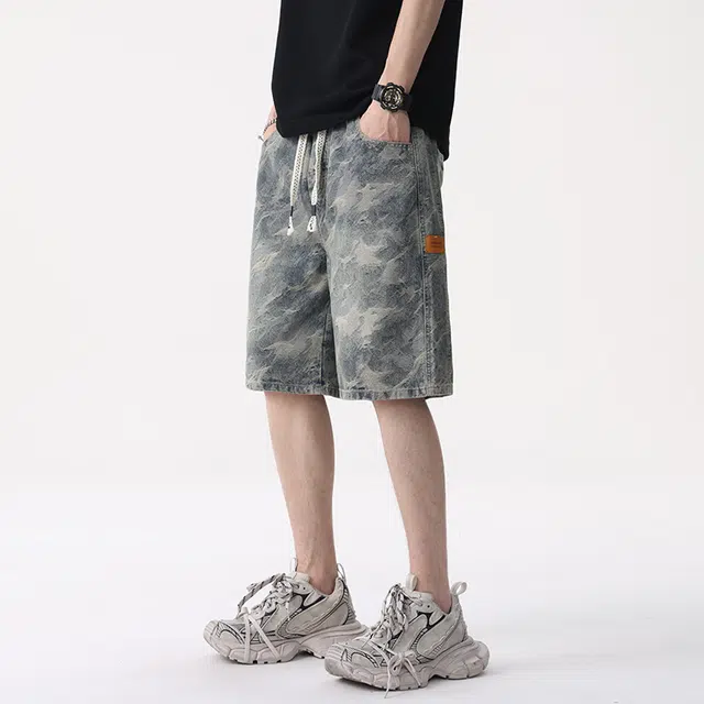 协协乐 美式薄款潮牌迷彩宽松舒适时尚休闲五分牛仔短裤 男款