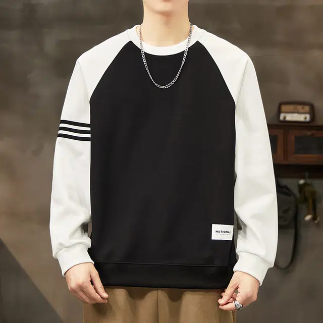 协协乐 圆领长袖男士春秋季宽松套头打底衫拼接拼色设计感上衣早秋小众设计款卫衣 男款