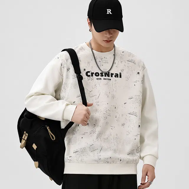 协协乐 美式重磅潮牌春秋季扎染宽松圆领上衣打底衫长袖百搭套头时尚印花小众设计款卫衣 男款