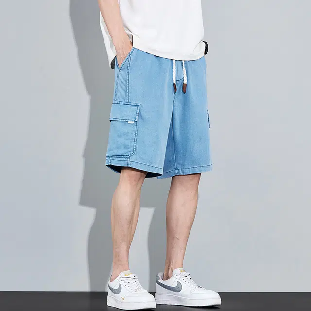 协协乐 高街风凉感透气工装夏季薄款通勤显高显瘦潮牌美式休闲宽松直筒五分裤牛仔短裤 男款