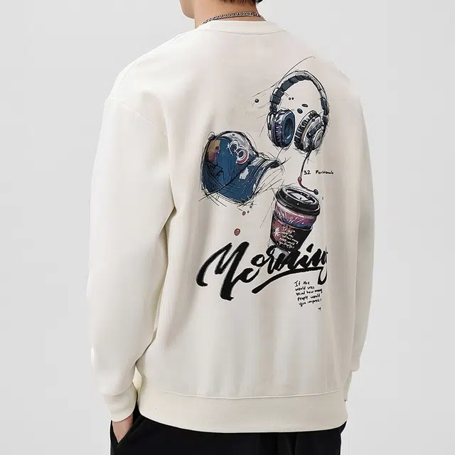 协协乐 美式重磅春秋季宽松圆领打底衫套头男士休闲百搭长袖上衣时尚印花设计小众款卫衣 男款