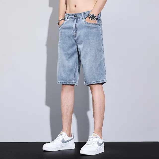 协协乐 冰丝薄款宽松直筒通勤显高显瘦美式凉感休闲五分牛仔短裤 男款