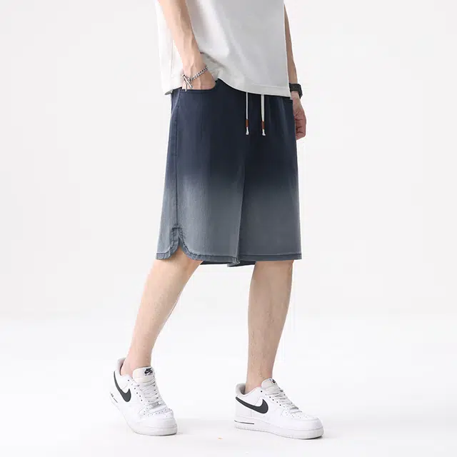 协协乐 夏季宽松直筒渐变休闲五分中裤牛仔短裤 男款