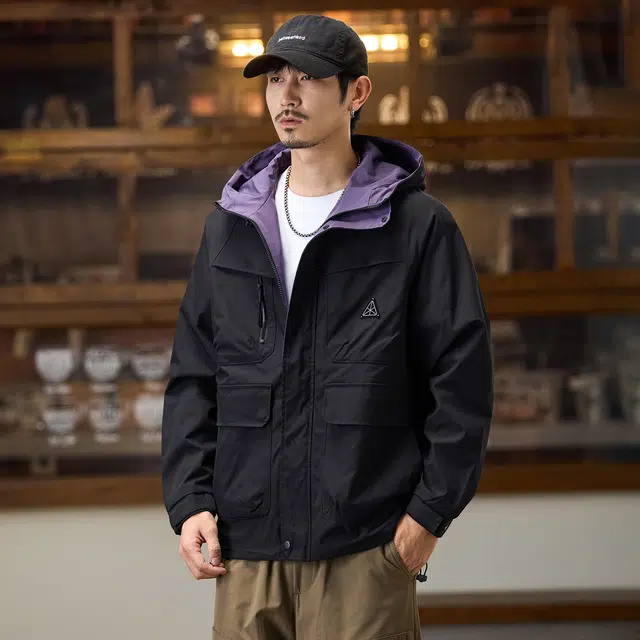 协协乐 山系户外三防工装外套拉链连帽开衫双面穿美式潮牌秋冬季防风保暖休闲百搭小众设计款夹克 男款