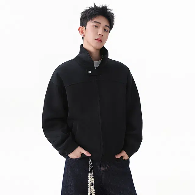 协协乐 美式解构开衫外套卫衣男士秋冬季潮牌宽松休闲青少年痞帅翻领拼接氛围感小众设计款夹克 男款