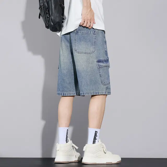 协协乐 薄款纯色高街美式工装潮牌宽松直筒五分牛仔短裤 男款