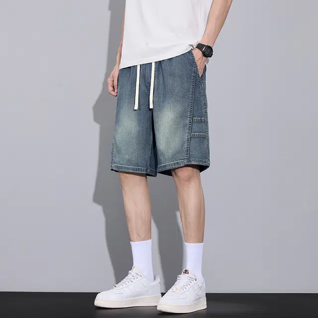 协协乐 夏季薄款宽松直筒美式潮牌复古薄款透气凉感宽松百搭休闲五分牛仔短裤 男款