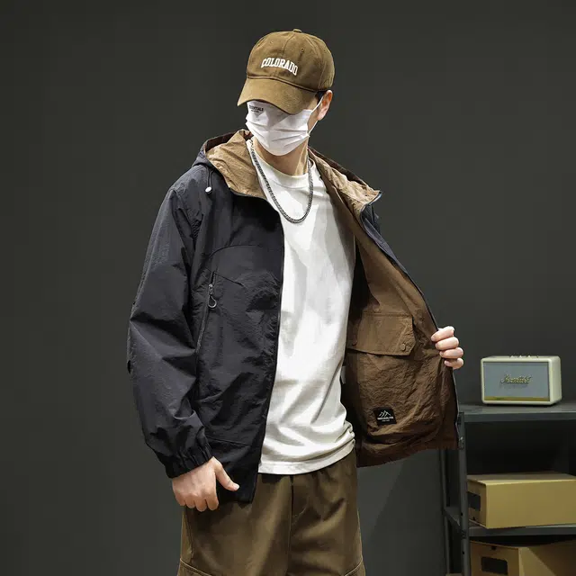 协协乐 山系户外三防面料工装连帽立领拉链开衫外套美式潮牌拼接设计氛围感青少年痞帅小众款夹克 男款