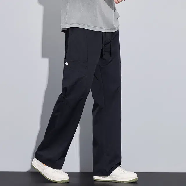 协协乐 男士春秋季潮牌美式直筒宽松弯刀休闲裤阔腿垂感百搭纯色大口袋设计感运动长裤子工装裤 男款