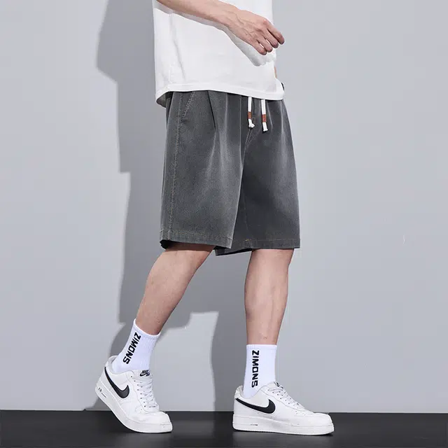 协协乐 凉感透气高街宽松直筒美式潮牌休闲五分裤子牛仔短裤 男款