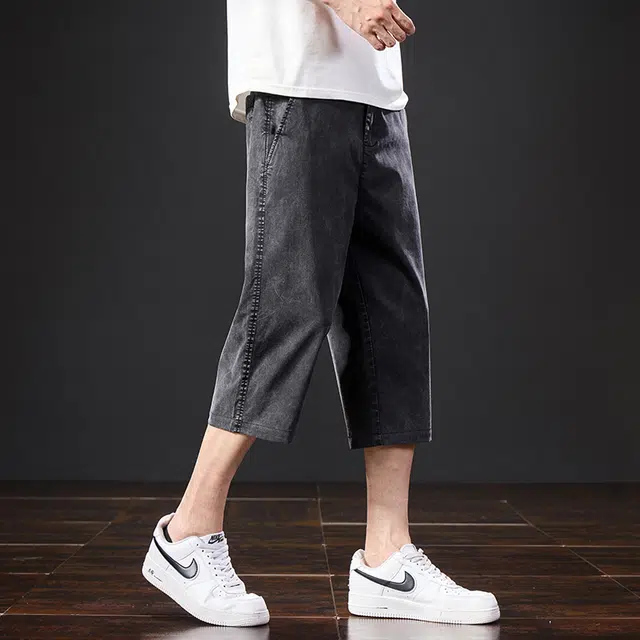 协协乐 莱赛尔天丝夏季冰丝薄款凉感透气高街美式潮牌宽松做旧复古水洗直筒休闲七分中裤牛仔短裤 男款