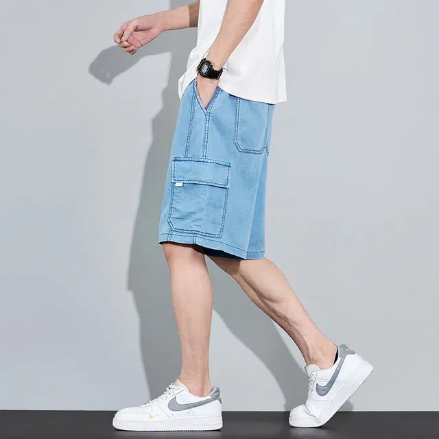 协协乐 高街风凉感透气工装夏季薄款通勤显高显瘦潮牌美式休闲宽松直筒五分裤牛仔短裤 男款