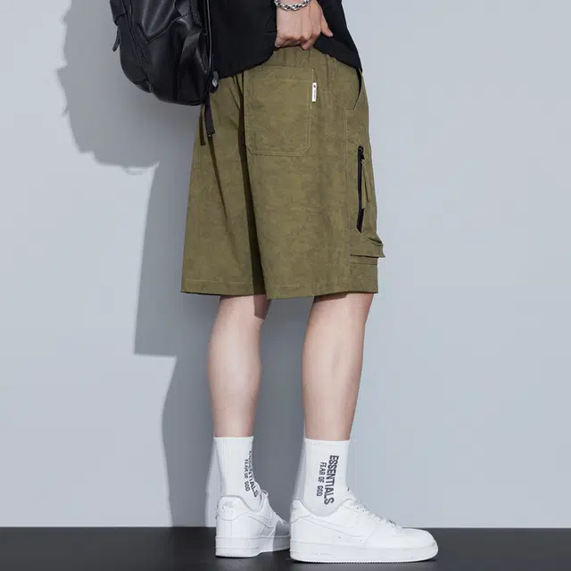 协协乐 冰丝高弹夏季薄款速干凉感透气美式潮牌宽松直筒百搭运动休闲五分中裤工装短裤 男款