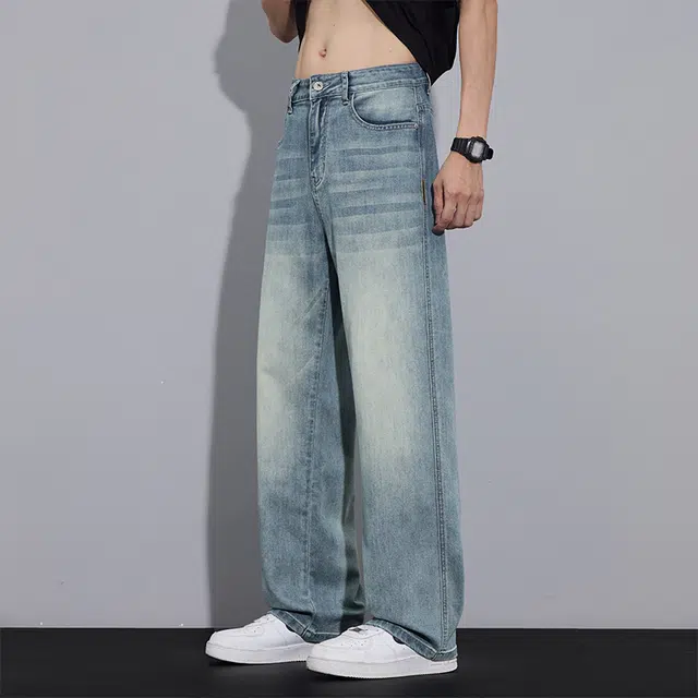 协协乐 天丝复古做旧水洗男士夏季薄款凉感透气宽松直筒阔腿垂感休闲长裤子牛仔裤 男款