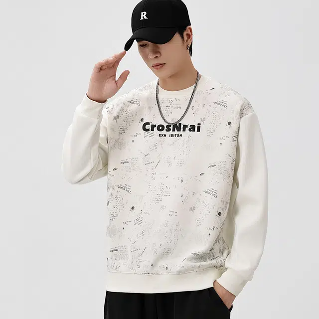 协协乐 美式重磅潮牌春秋季扎染宽松圆领上衣打底衫长袖百搭套头时尚印花小众设计款卫衣 男款