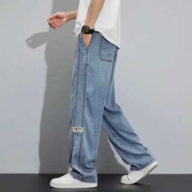 协协乐 天丝夏季薄款凉感透气高街潮牌复古直筒宽松阔腿垂坠感休闲冰丝百搭运动长裤子牛仔裤 男款