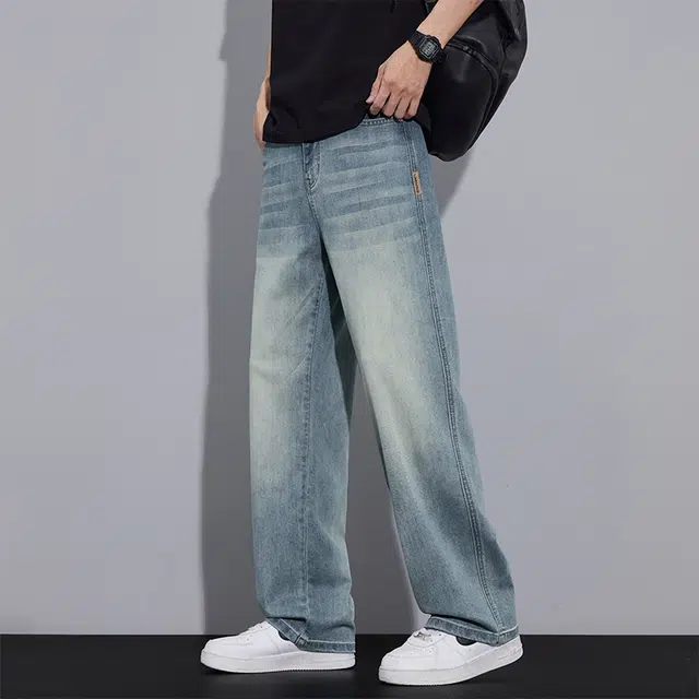 协协乐 天丝复古做旧水洗男士夏季薄款凉感透气宽松直筒阔腿垂感休闲长裤子牛仔裤 男款