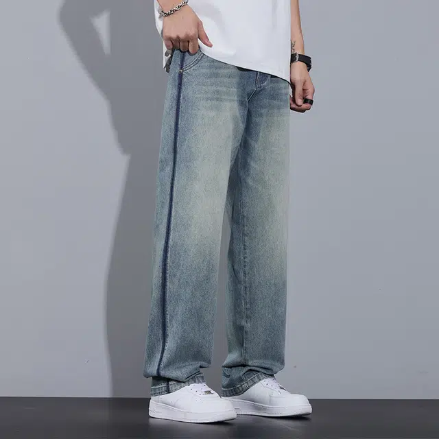 协协乐 美式复古男士夏季薄款工装拼接渐变宽松直筒高街潮流休闲运动百搭长裤子牛仔裤 男款