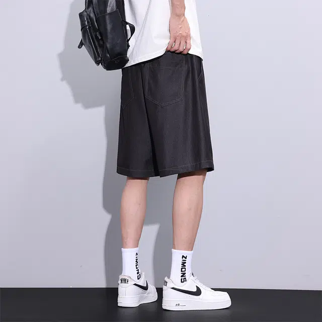 协协乐 冰丝凉感透气男士夏季薄款宽松直筒美式潮牌高街原色休闲百搭五分中裤牛仔短裤 男款