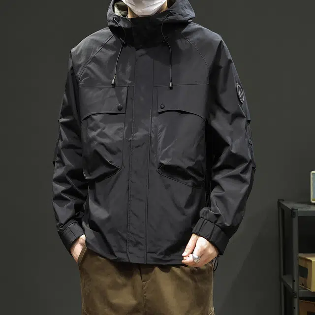 协协乐 美式连帽外套冲锋衣春秋冬机能风纯色拼接氛围感户外山系多功能三防上衣工装服登山服设计小众款夹克 男女同款