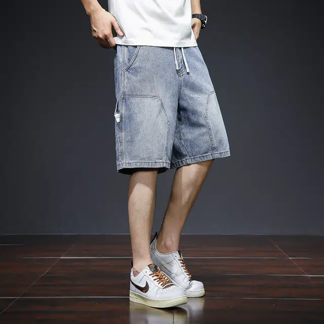 协协乐 美式高街拼接水洗复古潮牌夏季薄款宽松直筒工装百搭运动休闲五分中裤牛仔短裤 男款