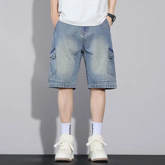 协协乐 薄款纯色高街美式工装潮牌宽松直筒五分牛仔短裤 男款