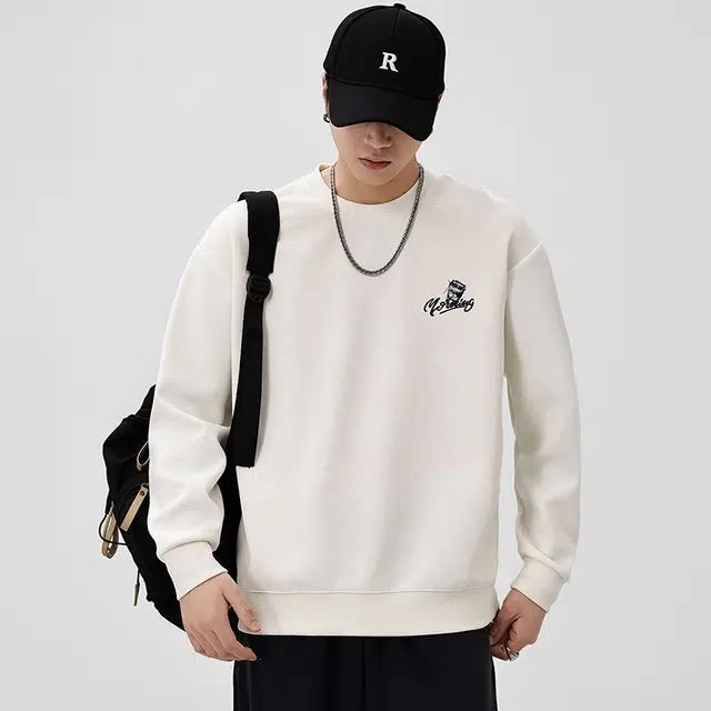 协协乐 美式重磅春秋季宽松圆领打底衫套头男士休闲百搭长袖上衣时尚印花设计小众款卫衣 男款