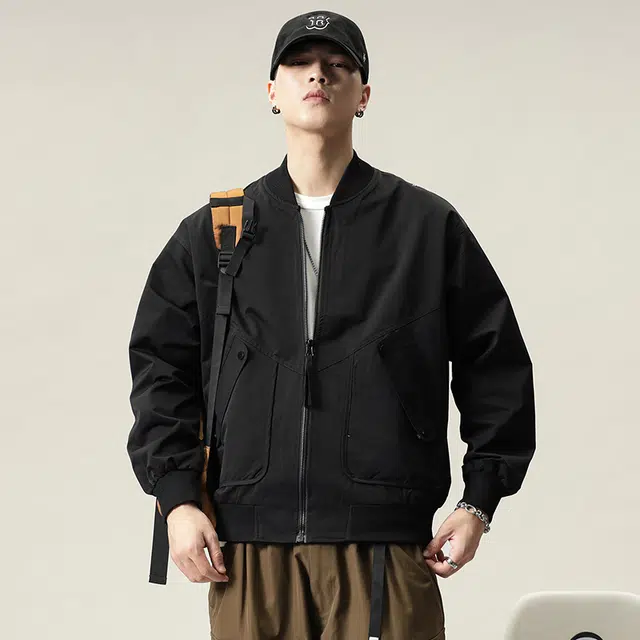 协协乐 美式棒球服外套秋冬季潮牌宽松休闲工装飞行员男士立领拼接氛围感韩版小众设计款夹克 男款