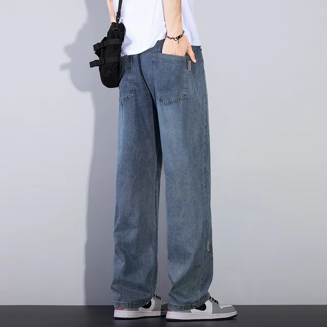 协协乐 天丝复古水洗夏季薄款凉感透气宽松直筒美式潮牌阔腿垂坠感休闲百搭运动长裤子牛仔裤 男款