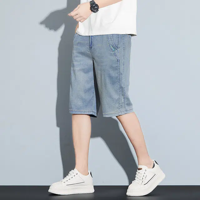 协协乐 美式高街夏季薄款天丝冰感透气潮牌宽松直筒运动百搭休闲五分中裤牛仔短裤 男款