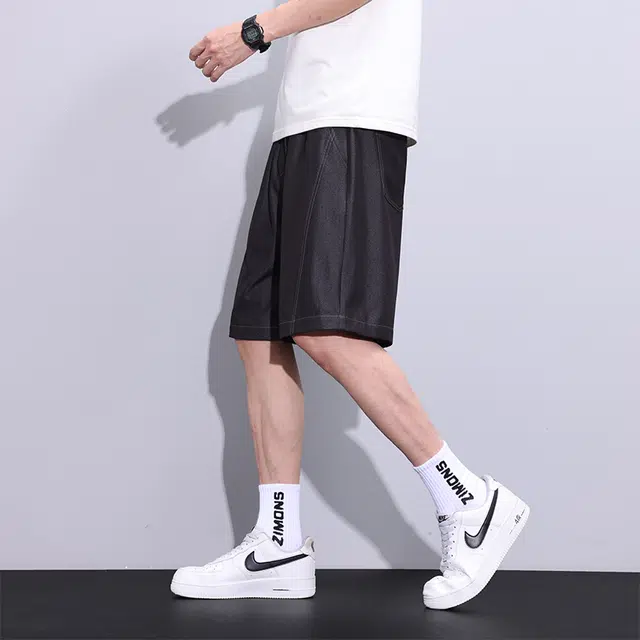 协协乐 冰丝凉感透气男士夏季薄款宽松直筒美式潮牌高街原色休闲百搭五分中裤牛仔短裤 男款
