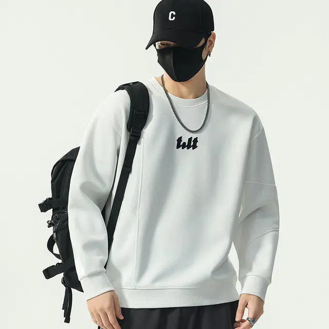 协协乐 圆领长袖男士春秋季宽松套头拼接设计感打底衫刺绣字母上衣早秋小众设计款卫衣 男款