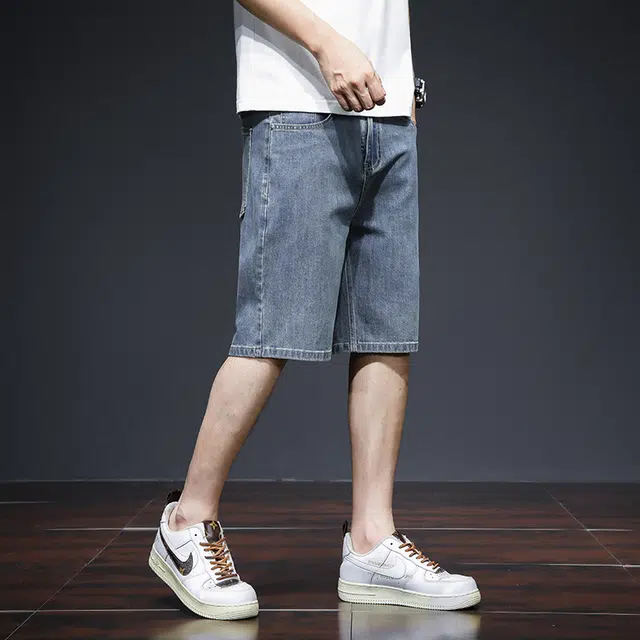 协协乐 天丝夏季薄款凉感透气冰丝美式潮牌纯色中裤直筒宽松休闲五分裤子牛仔短裤 男款