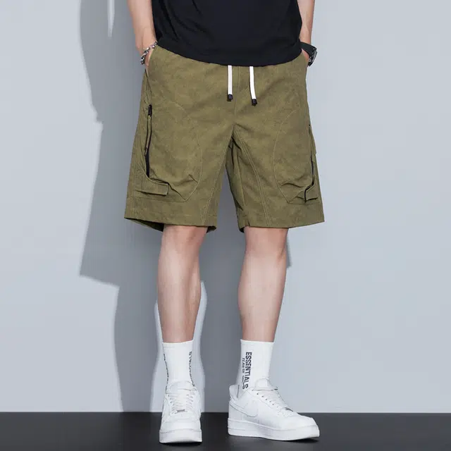 协协乐 冰丝高弹夏季薄款速干凉感透气美式潮牌宽松直筒百搭运动休闲五分中裤工装短裤 男款