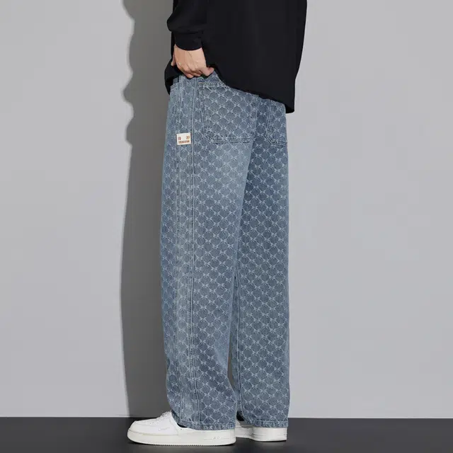 协协乐 蝴蝶纹高街提花复古春秋男士长裤宽松直筒百搭青少年做旧水洗美式抽绳休闲裤牛仔裤 男款
