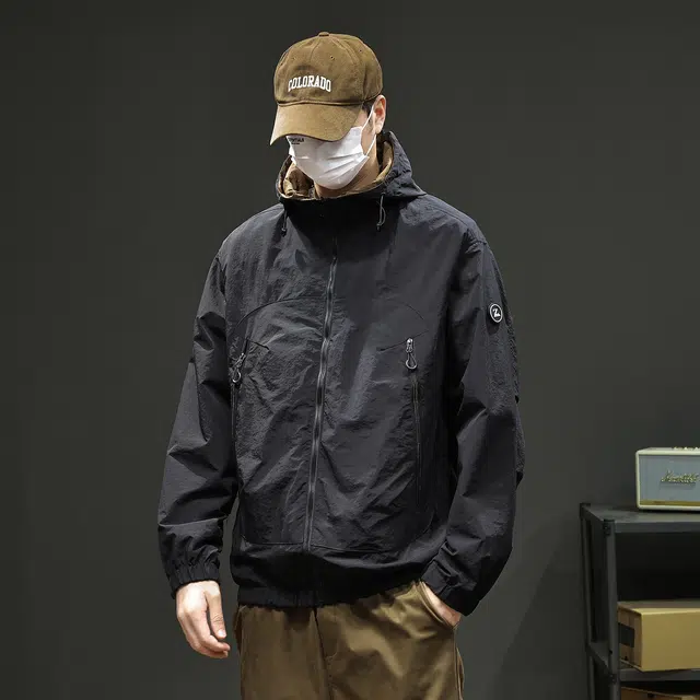 协协乐 山系户外三防面料工装连帽立领拉链开衫外套美式潮牌拼接设计氛围感青少年痞帅小众款夹克 男款