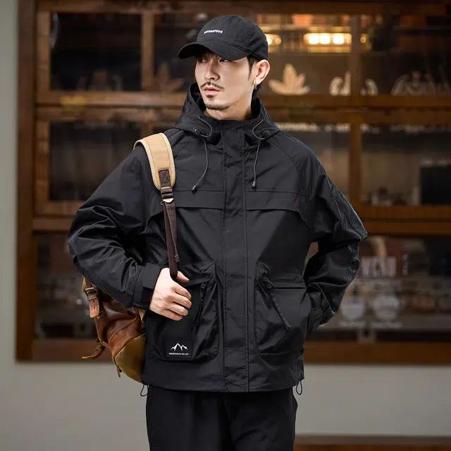 协协乐 山系户外美式复古工装连帽防风防水三防面料春秋季冲锋外套冬季男装休闲上衣潮牌小众设计款夹克 男款