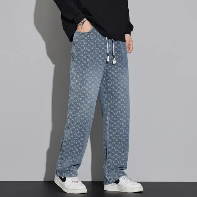 协协乐 蝴蝶纹高街提花复古春秋男士长裤宽松直筒百搭青少年做旧水洗美式抽绳休闲裤牛仔裤 男款