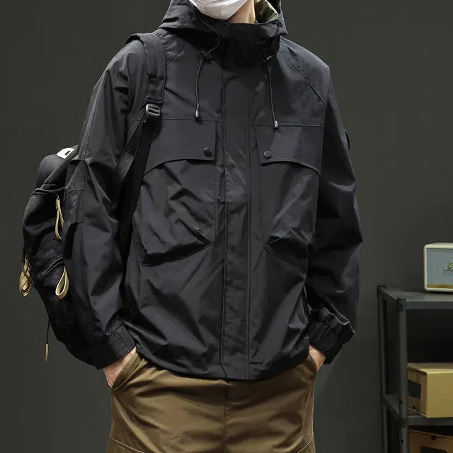 协协乐 美式连帽外套冲锋衣春秋冬机能风纯色拼接氛围感户外山系多功能三防上衣工装服登山服设计小众款夹克 男女同款