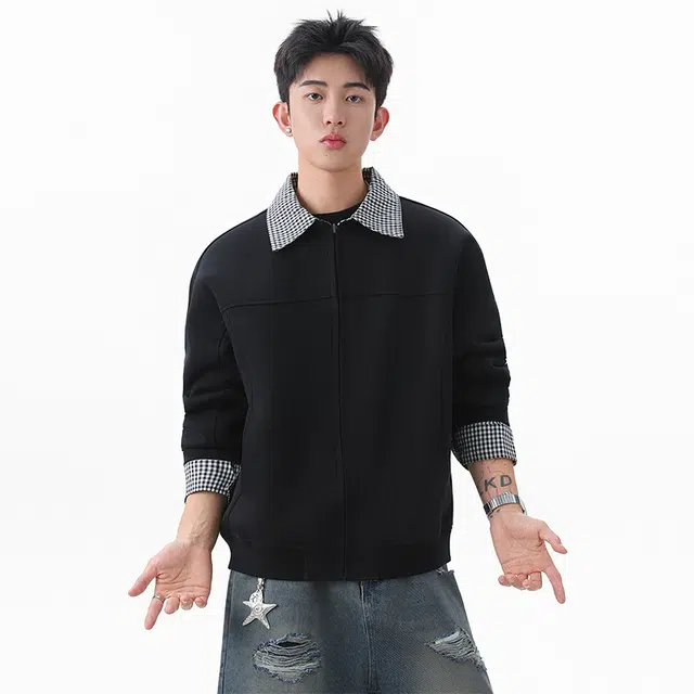 协协乐 飞行员立领解构男士秋冬季挺括痞帅工装外套开衫拼接格子美式潮牌小众设计款夹克 男款