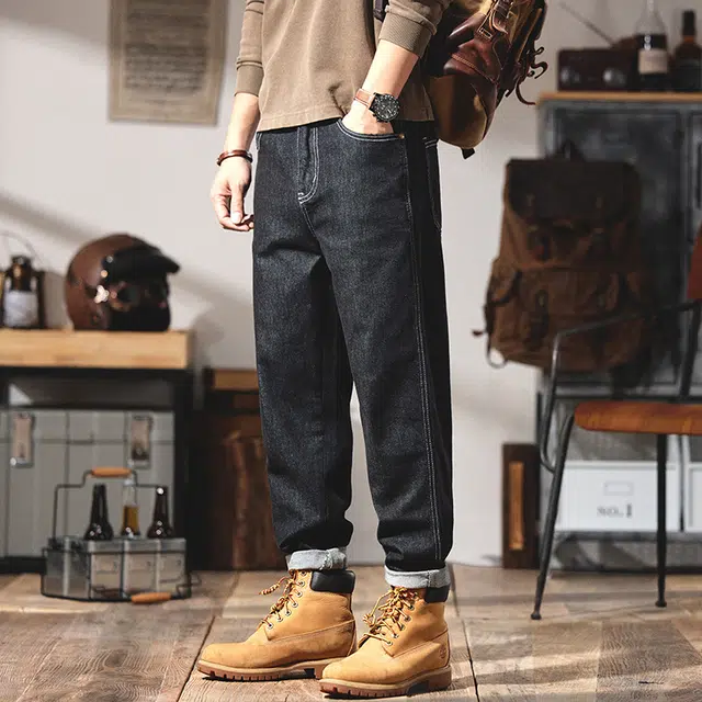 协协乐 秋冬季美式复古做旧水洗宽松直筒潮牌大码设计感休闲锥形萝卜裤百搭运动九分裤牛仔裤 男款