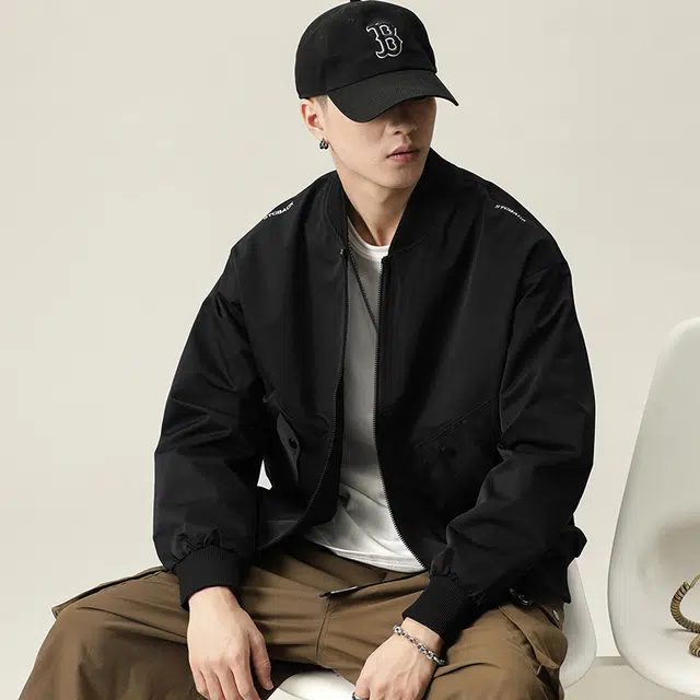 协协乐 美式棒球服外套秋冬季潮牌宽松休闲工装飞行员男士立领拼接氛围感韩版小众设计款夹克 男款