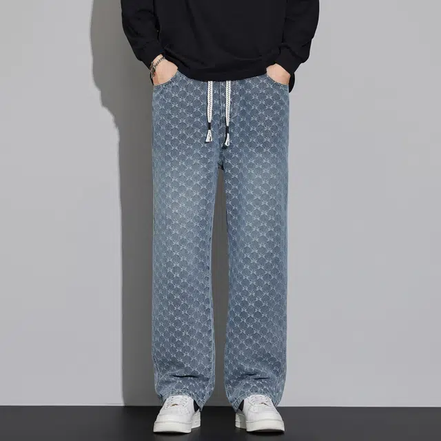 协协乐 蝴蝶纹高街提花复古春秋男士长裤宽松直筒百搭青少年做旧水洗美式抽绳休闲裤牛仔裤 男款