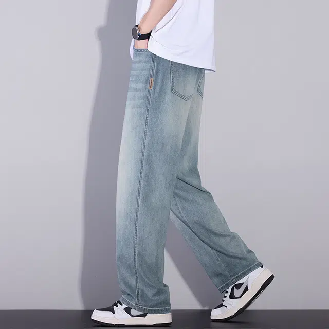 协协乐 复古水洗夏季凉感透气美式潮牌高街宽松直筒阔腿垂感百搭休闲运动长裤子牛仔裤 男款
